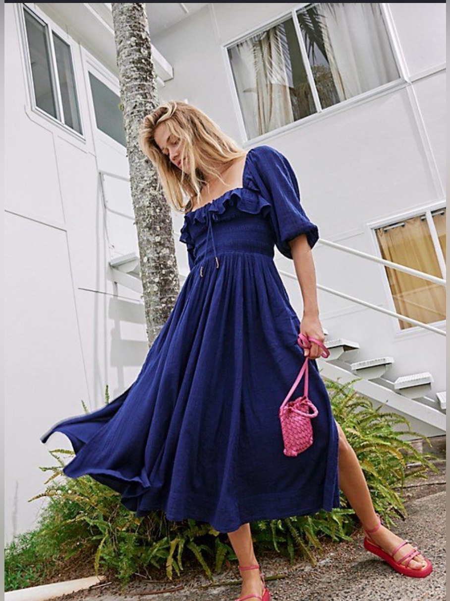 Free People Oasis Deep Blue Midi Dress Measurements Align To Medium (Last Pic)